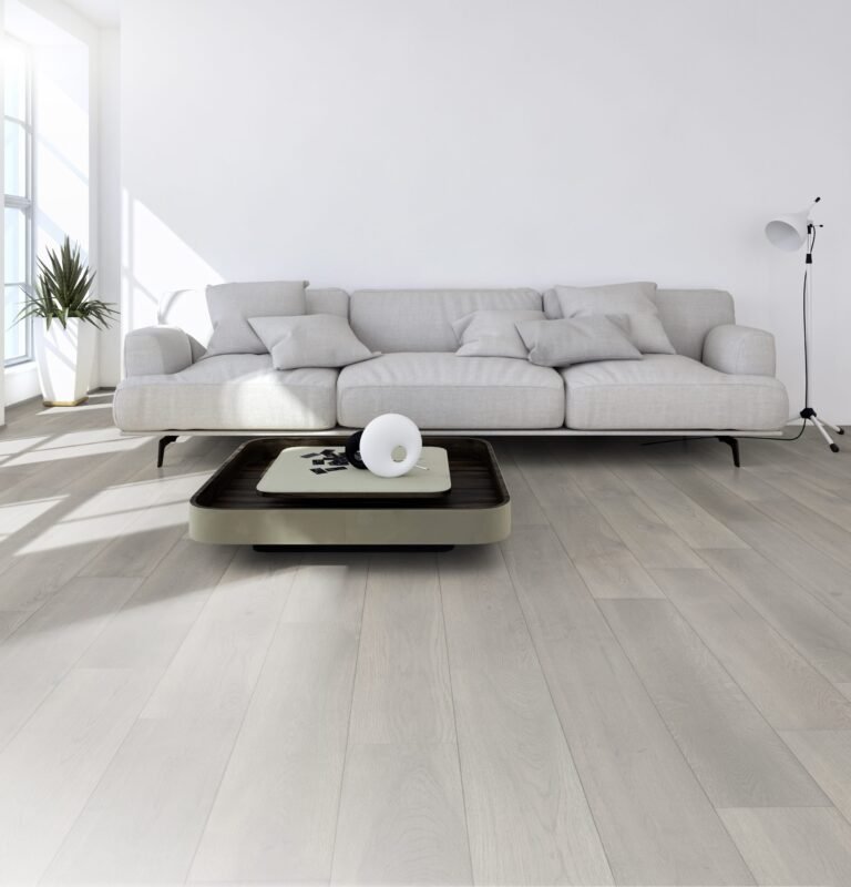 Bright living room with pale gray oak floors