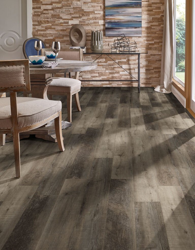 Dining area on weathered gray-brown floor