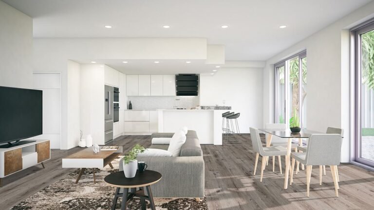 White open-plan kitchen with gray wood-look floor